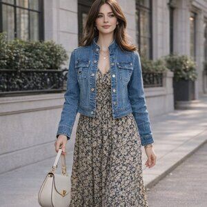 Chic Cropped Blue Denim Fitted Stretch Jean Jacket Mandarine Collar Size M